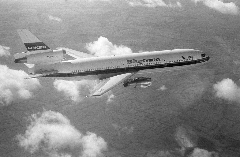 A Laker Airways Skytrain McDonnell Douglas DC-10 flying over the Severn estuary on 7th March 1973.