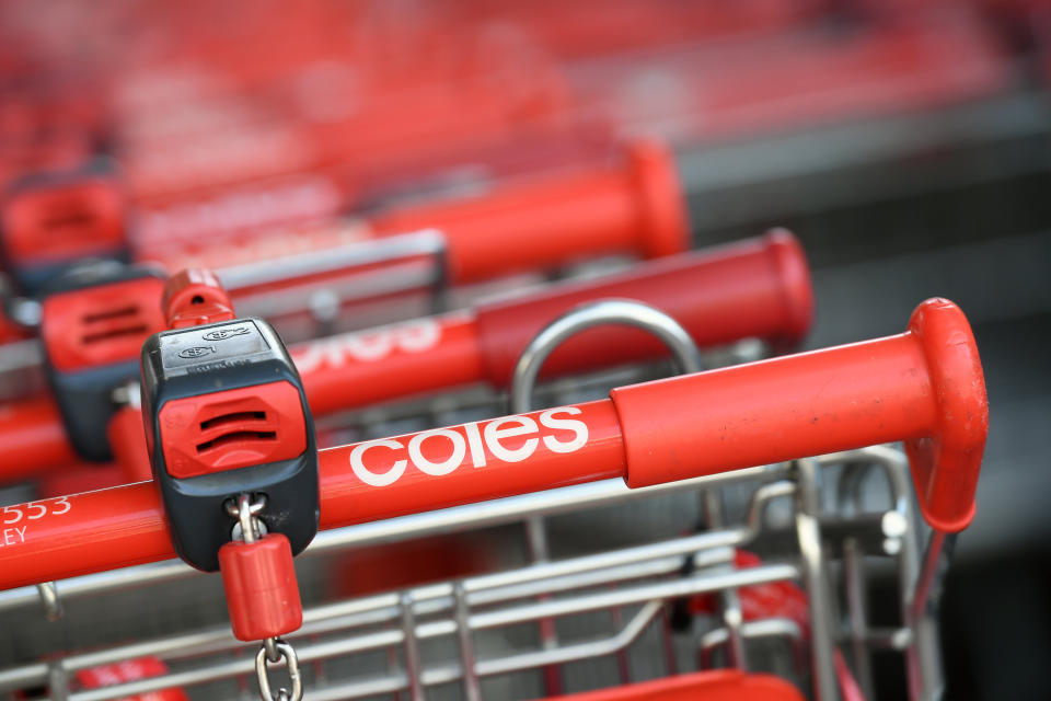 Pictured is a number of Coles shopping trolleys. The supermarket will observe shorter opening hours in Western Australia on Monday for Western Australia Day.