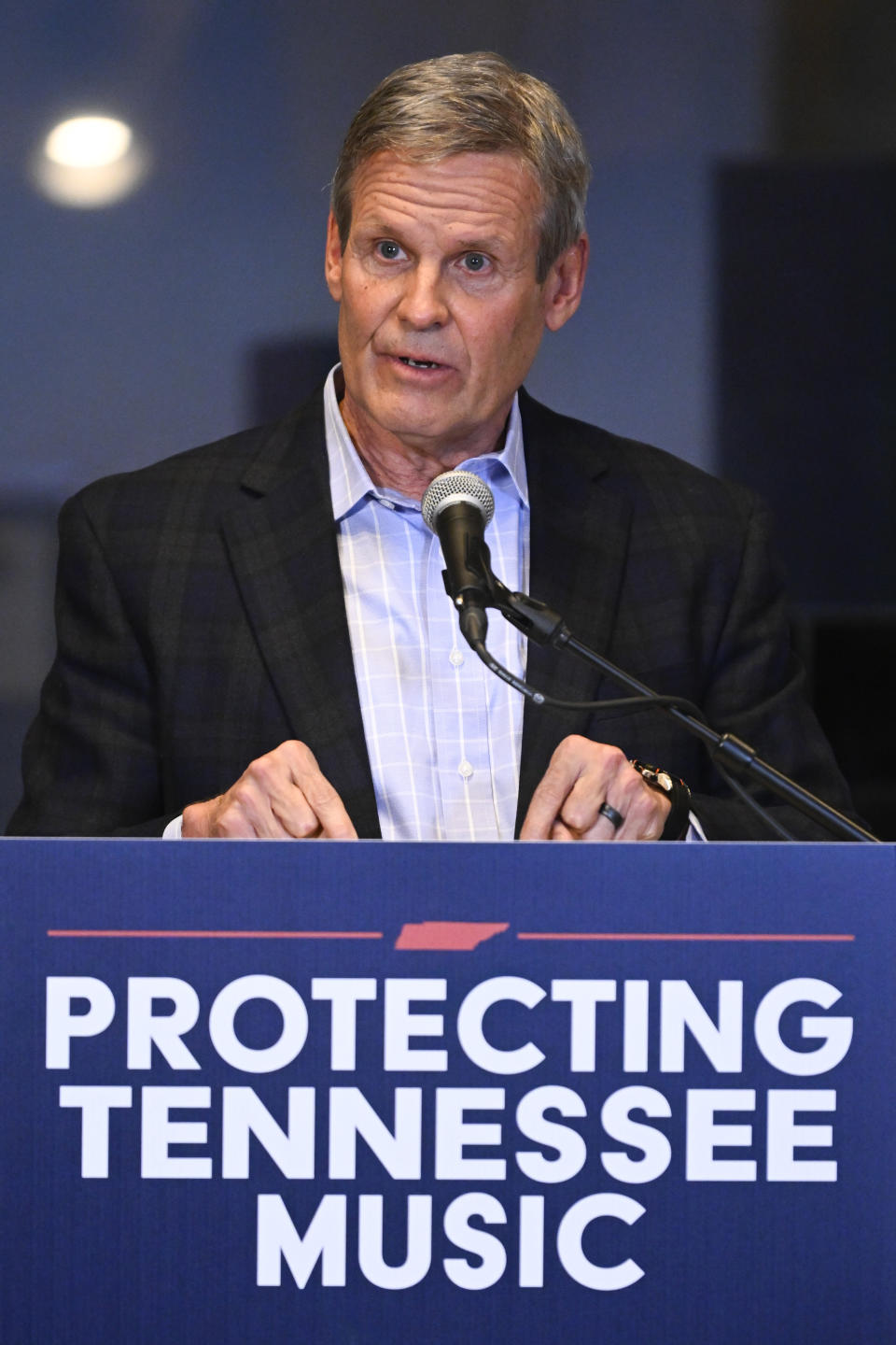 Tennessee Governor Bill Lee speaks during a news conference at RCA Records where he unveiled new legislation on Wednesday, Jan. 10, 2024, in Nashville, Tenn., designed to protect songwriters, performers and other music industry professionals against the rise in artificial intelligence. (AP Photo/John Amis)