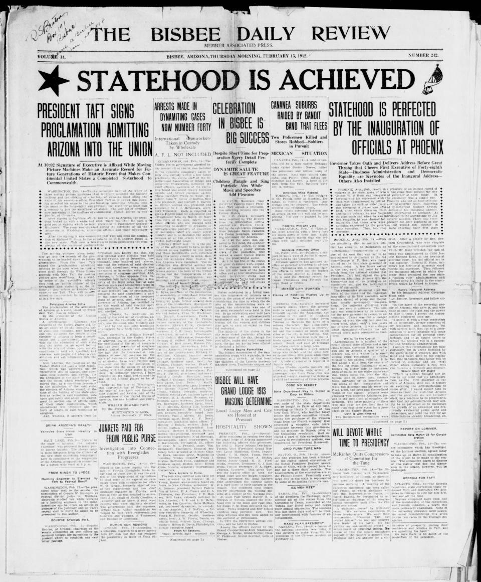 The Bisbee Daily Review's front page on Admission Day, Feb. 14, 1912.