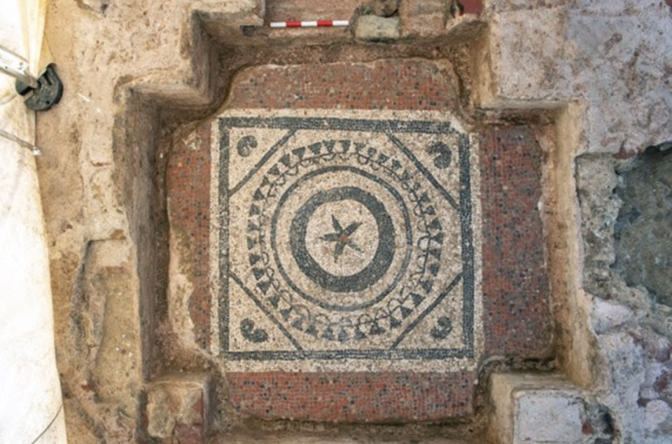 The lower mosaic of the mausoleum, revealed directly beneath its later counterpart. / Credit: Museum of London Archaeology