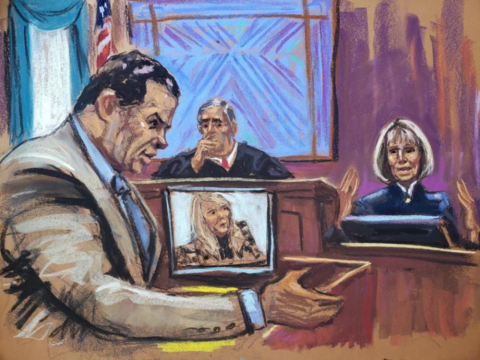 A court sketch of Joe Tacopina questioning E Jean Carroll before judge Lewis Kaplan.