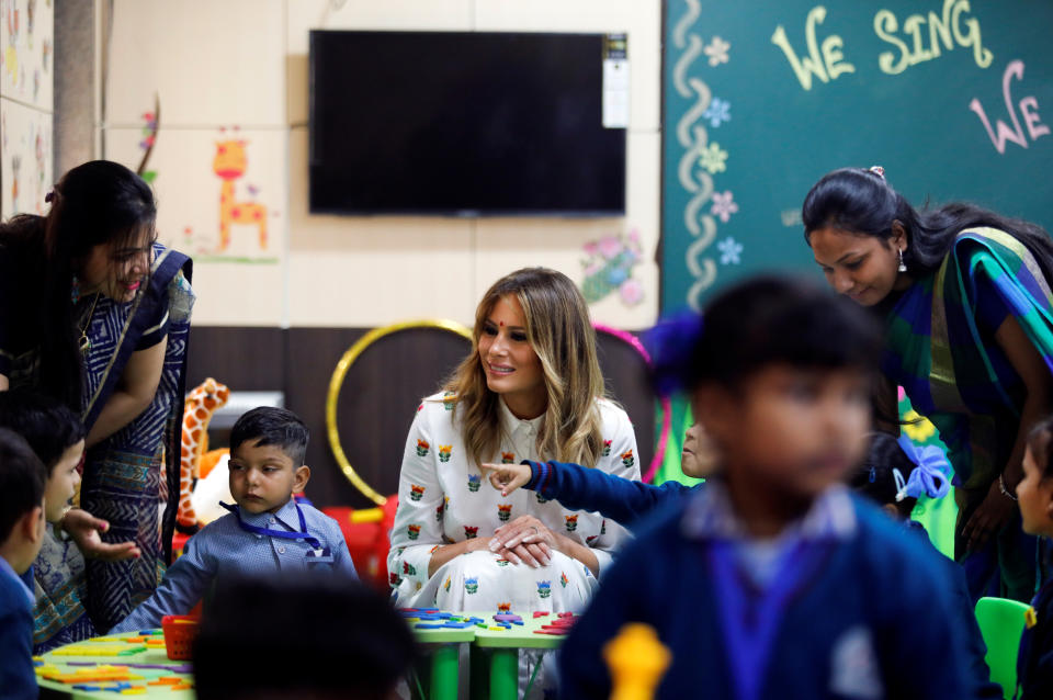 U.S. first lady Melania Trump attends a meeting with children at the Sarvodaya Co-Education Senior Secondary School in Moti Bagh, in New Delhi, during a visit of U.S. President Donald Trump in India, February 25, 2020. REUTERS/Anushree Fadnavis