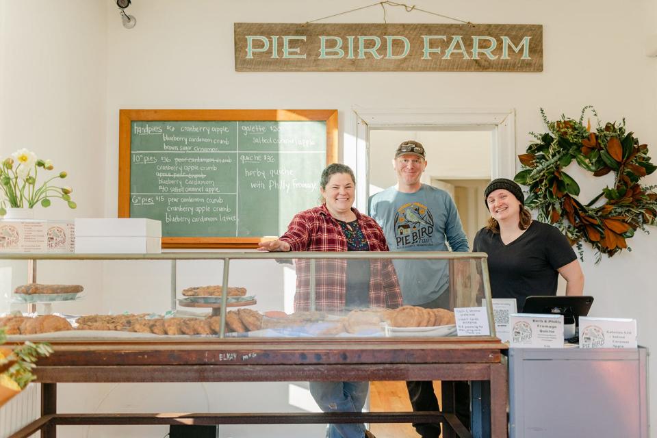 From left, owners of Pie Bird Farm, Jennifer Brodsky and Eric Theesfeld; and market lead, Nicole Cadiz; stand inside their new shop inside Coterie Commons, which opens in Doylestown Borough this Saturday.
