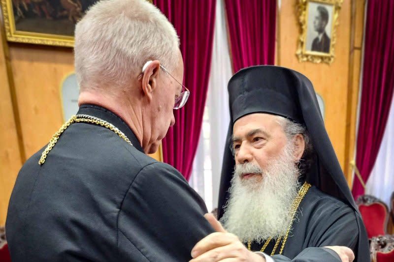 The Archbishop of Canterbury Justin Welby, the head of the Anglican Church under King Charles, visited with Patriarch Theophilos III in Jerusalem after an Israeli rocket attacked killed Christians in an Orthodox church in Gaza. Photo courtesy of Justin Welby/Twitter