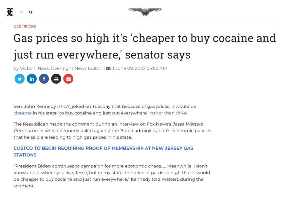 Screenshot of Washington Examiner article, "Gas prices so high it's 'cheaper to buy cocaine and just run everywhere,' senator says"