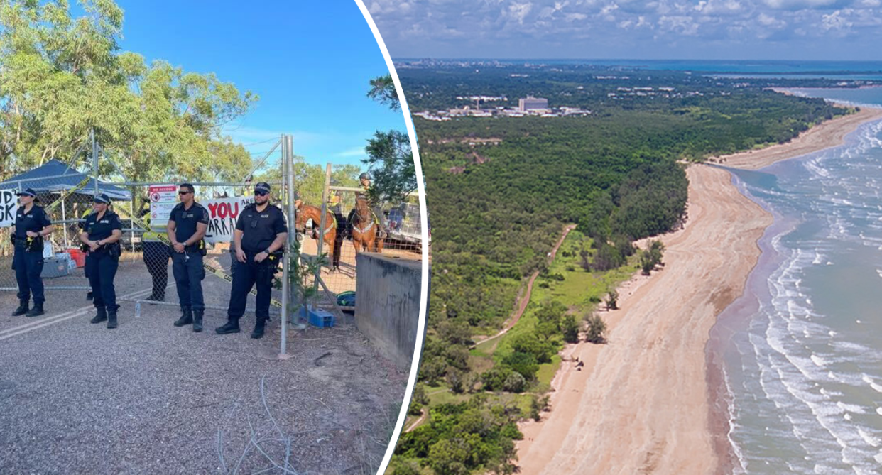 Left - Police guarding the Lee Point site. Right - an aerial view of Lee Point.