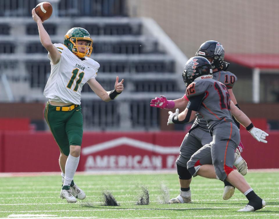 Edgar High School's Teegan Streit (11) passes the ball against Black Hawk/Warren during the WIAA Division 7 state championship football game on Thursday, November 16, 2023, at Camp Randall Stadium in Madison, Wis.
Tork Mason/USA TODAY NETWORK-Wisconsin