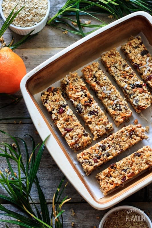 <p>Savor the Flavour</p><p>No bake citrus granola bars are an easy, healthy snack that's packed with protein to give you energy! Oatmeal, peanuts, dried fruit and a hint of orange makes these chewy, gluten free bars a tempting snack. Feel free to change them up to your tastes.</p><p><strong>Get the recipe: <a href="https://savortheflavour.com/no-bake-citrus-granola-bars/" rel="nofollow noopener" target="_blank" data-ylk="slk:No Bake Citrus Granola Bars;elm:context_link;itc:0;sec:content-canvas" class="link rapid-noclick-resp"><em>No Bake Citrus Granola Bars</em></a></strong></p>