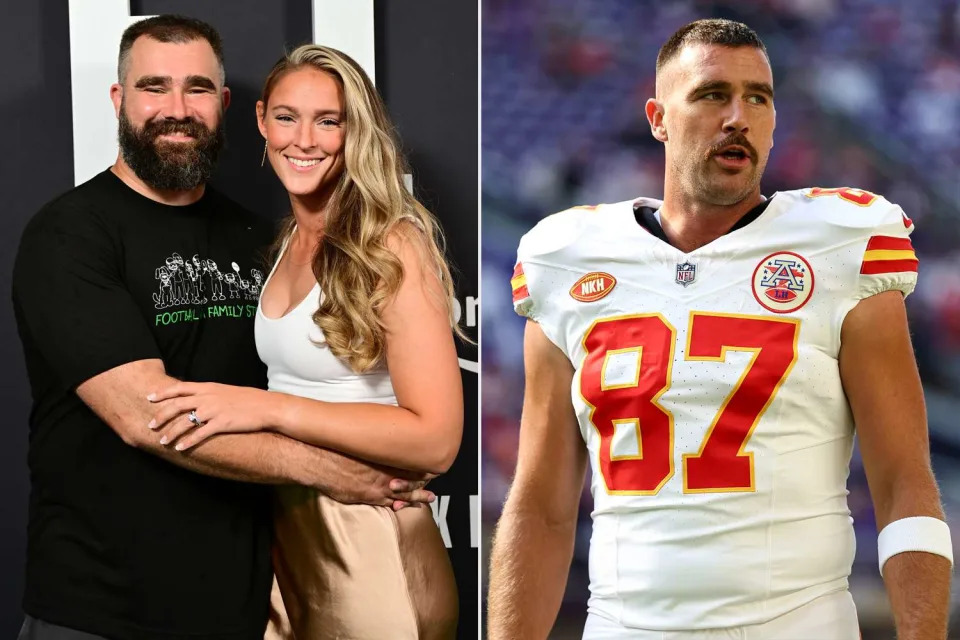 <p> Lisa Lake/Getty for Prime Video; Kevin Sabitus/Getty </p> Jason and Kylie Kelce, Travis Kelce.