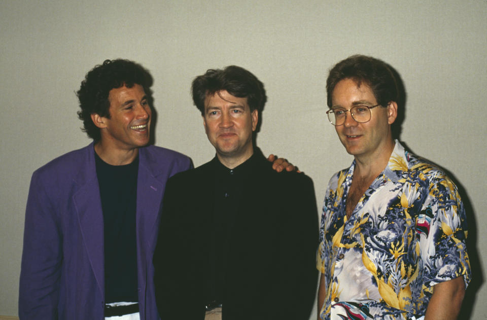 From left to right, actor Michael Ontkean, director David Lynch and writer-producer Mark Frost, the star and co-creators of cult television show 'Twin Peaks', circa 1990. (Photo by Bob Grant/Fotos International/Getty Images)