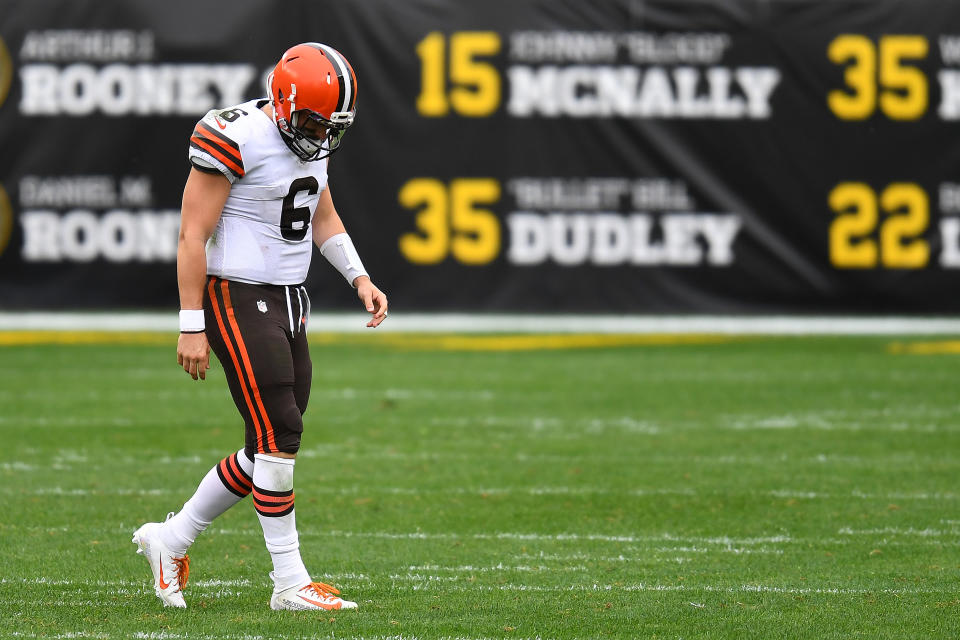 It was not a good day for the Browns and quarterback Baker Mayfield as they fell to the Pittsburgh Steelers in Week 6. (Photo by Joe Sargent/Getty Images)