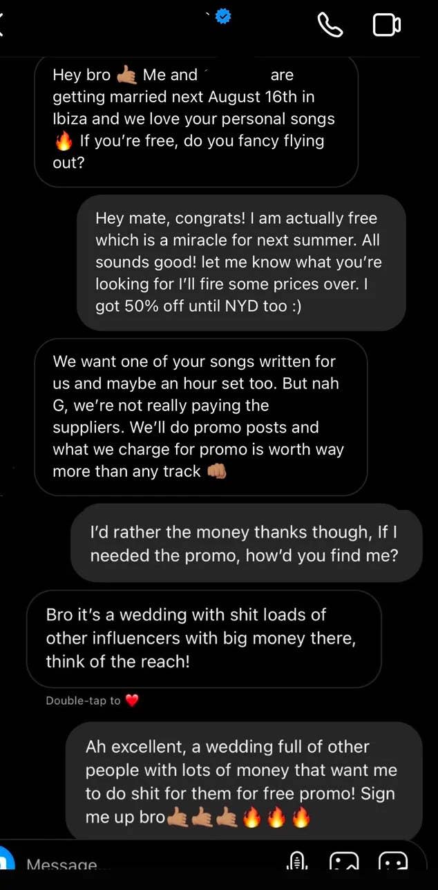 An influencer asks someone to make him a free song for his wedding, offering promo instead of money