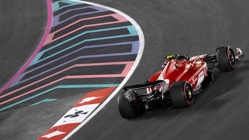 Ferrari's Carlos Sainz practices before the 2023 Las Vegas Grand Prix.