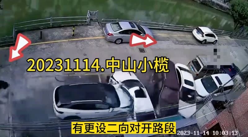 監視器拍下轎車宛如砲彈，高速撞飛男子好幾公尺遠。(圖／翻攝自微博)