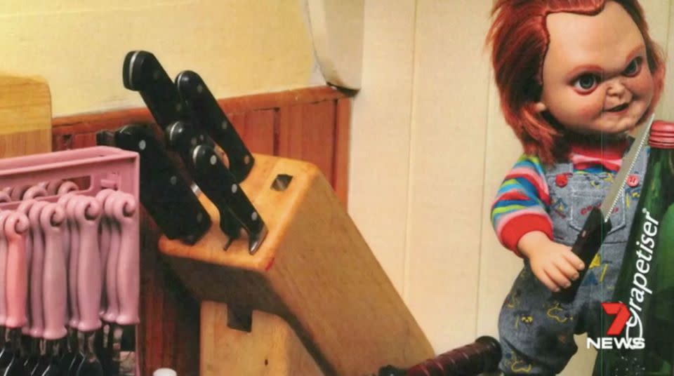 A doll from the horror film Chucky in the kitchen. Source: 7 News