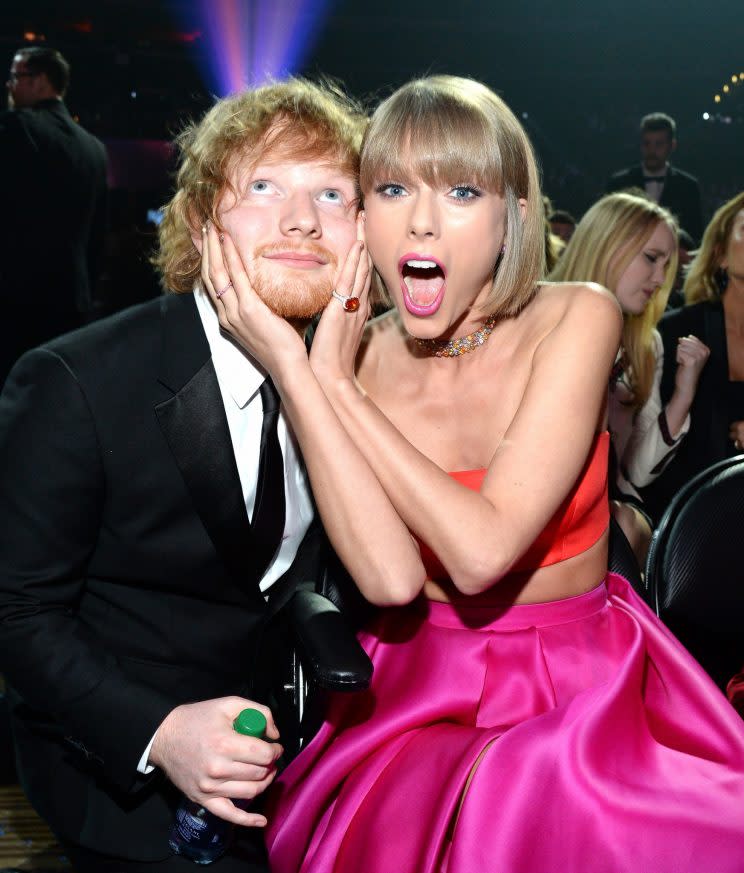 Ed Sheeran and Taylor Swift attend the Grammys last year. (Photo: Kevin Mazur/WireImage)