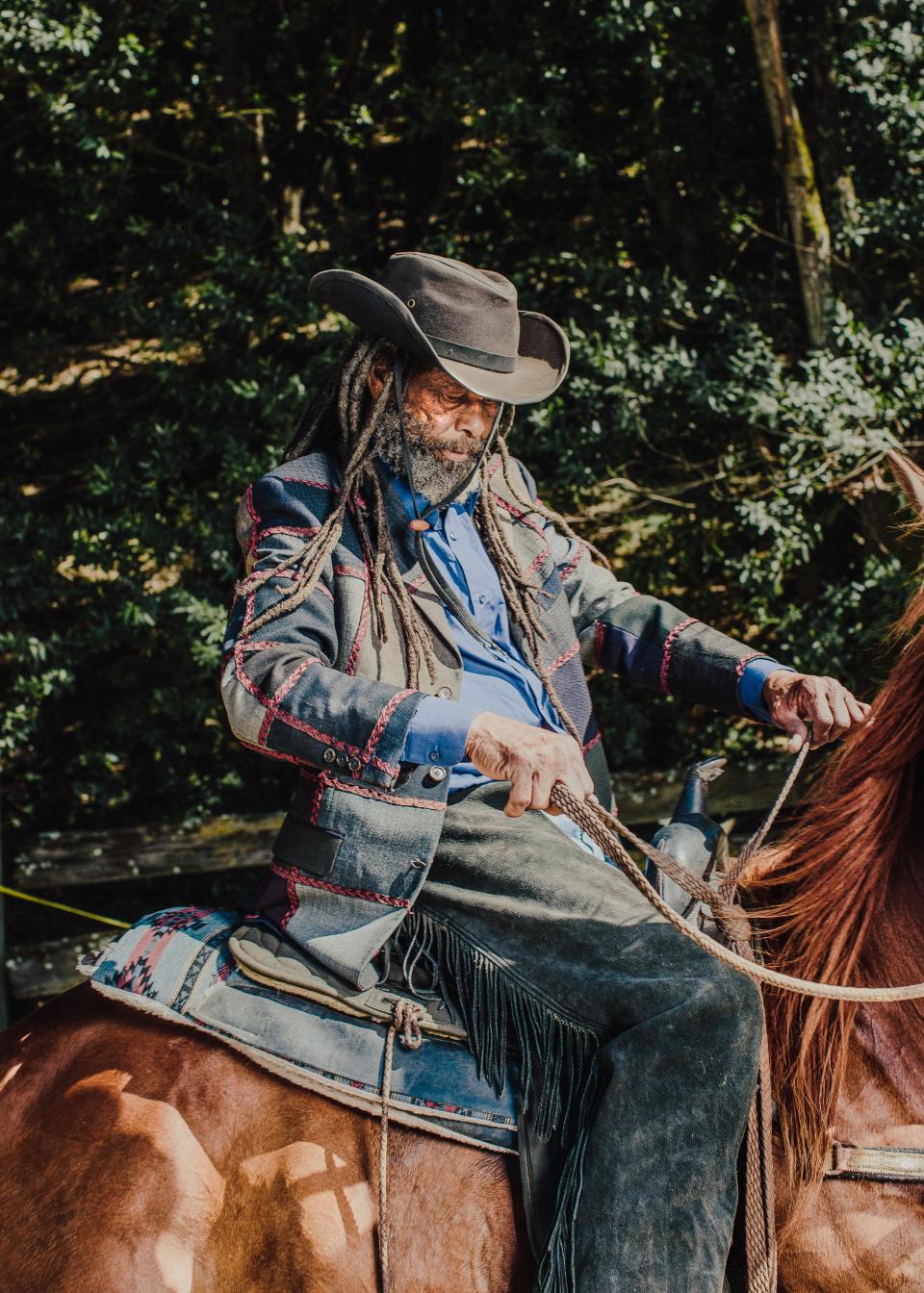 Jacket, Bode. Shirt, Modena. Chaps, Wrangler. Hat, his own.