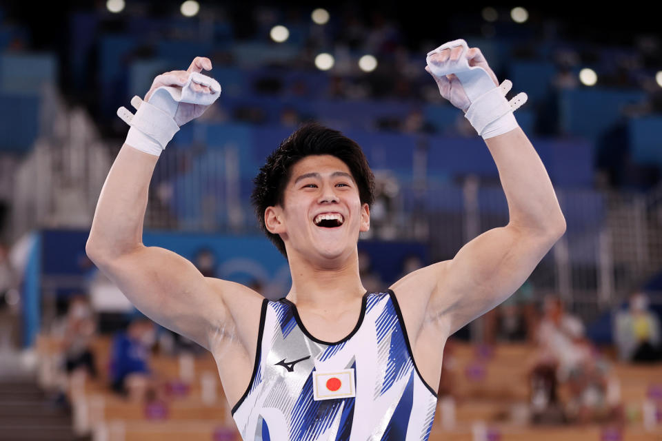 <p>Gymnast Daiki Hashimoto of Team Japan brings home the gold during the Men's All-Around Final at Ariake Gymnastics Centre on July 28.</p>