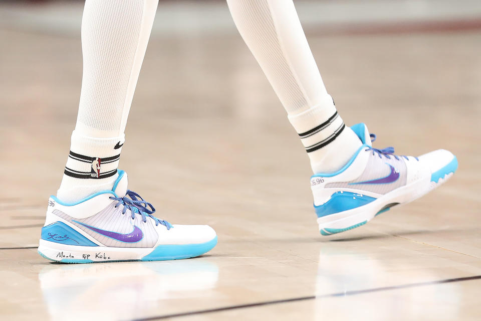 Anfernee Simons of the Portland Trail Blazers wearing sneakers dedicated to Kobe Bryant during a game against the Indiana Pacers on Jan. 26.