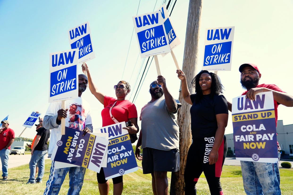 UAW Local 674 workers from GM’s Cincinnati Parts Distribution Center in West Chester strike, Friday, Sept. 22, 2023. They are standing on Union Center Blvd. They are part of the ongoing strike that started on Sept. 15, 2023 across the country. The distribution center employs 123 workers.