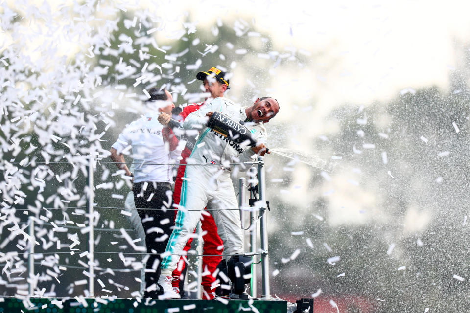 MEXICO CITY, MEXICO - OCTOBER 27: Race winner Lewis Hamilton of Great Britain and Mercedes GP celebrates on the podium during the F1 Grand Prix of Mexico at Autodromo Hermanos Rodriguez on October 27, 2019 in Mexico City, Mexico. (Photo by Dan Istitene/Getty Images)