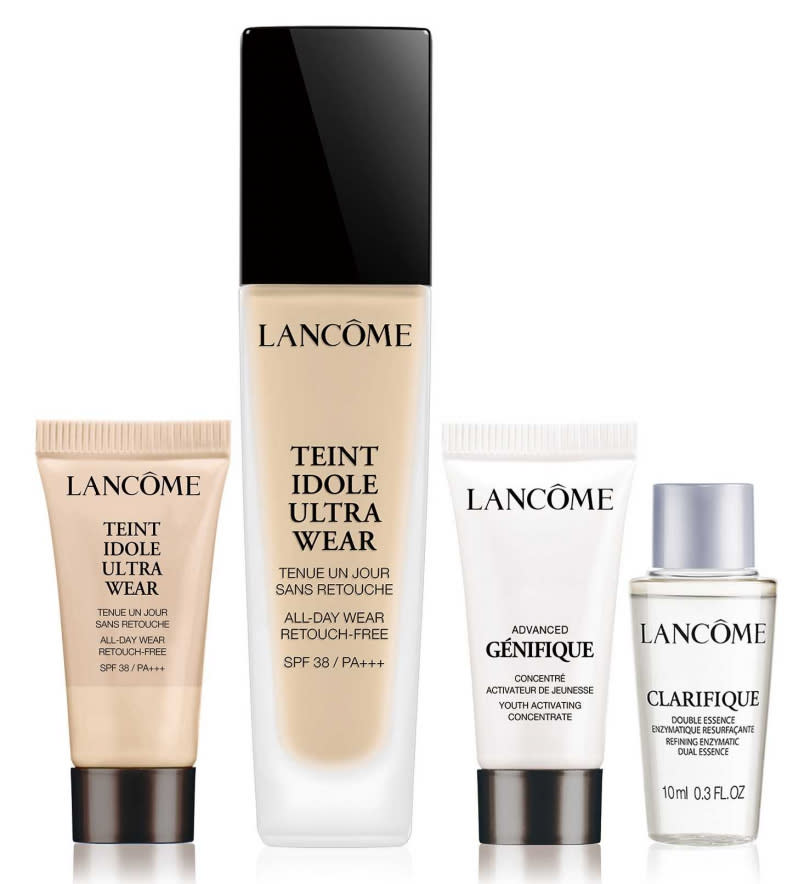 LANCOME零粉感完美底妝組／1,800元 內含任一零粉感超持久粉底SPF38/PA+++或超極光奇蹟精華水粉底+超未來肌因賦活露5ml+超極光活粹晶露10ml+零粉感超持久粉底SPF38/PA+++ #PO-01 5ml。(圖／品牌提供)