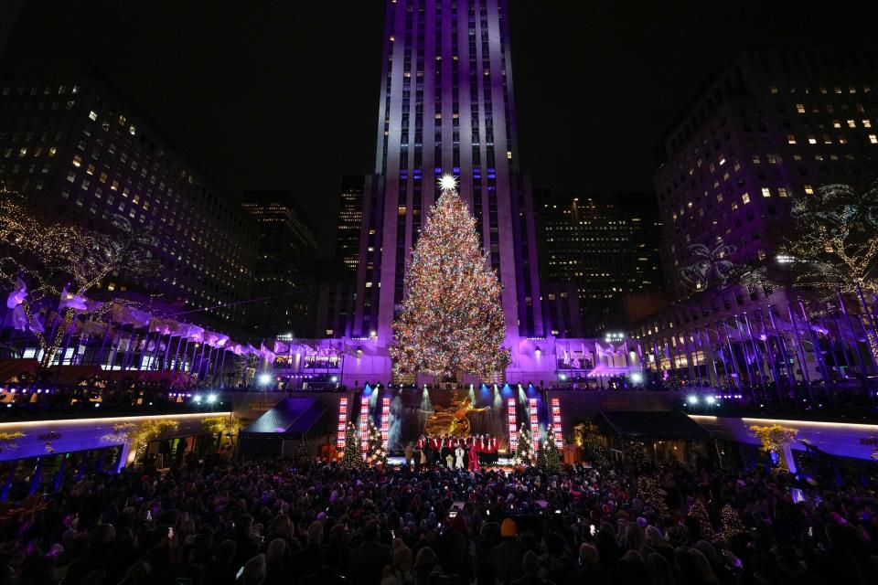 November 29, 2023: The Christmas tree at Rockefeller Center is lit in New York.