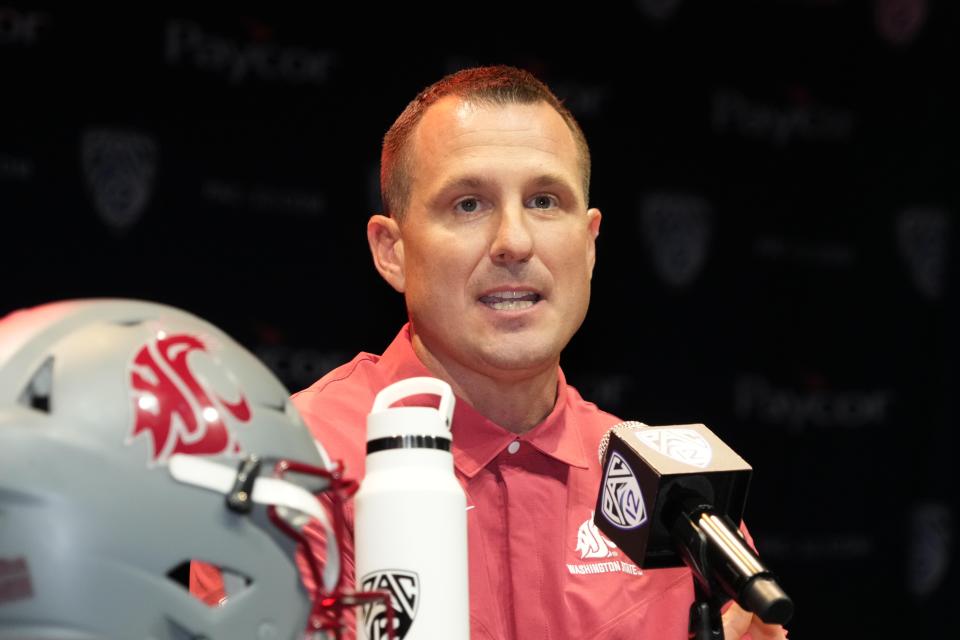 Jul 29, 2022; Los Angeles, CA, USA; Washington State Cougars coach Jake Dickert speaks during Pac-12 Media Day at Novo Theater. Mandatory Credit: Kirby Lee-USA TODAY Sports