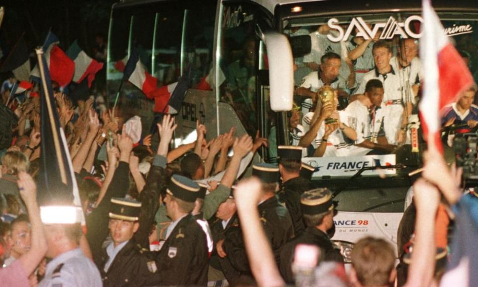 France are greeted by fans at Clairefontaine in July 1998 after winning the World Cup