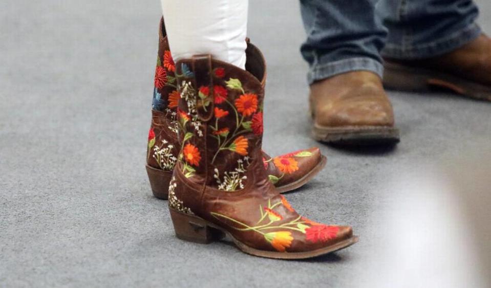 State Sen. Marie Alvarado-Gil wore these boots to her community swearing-in ceremony at the Modesto Irrigation District board room on March 16, 2023. About 125 people showed up.