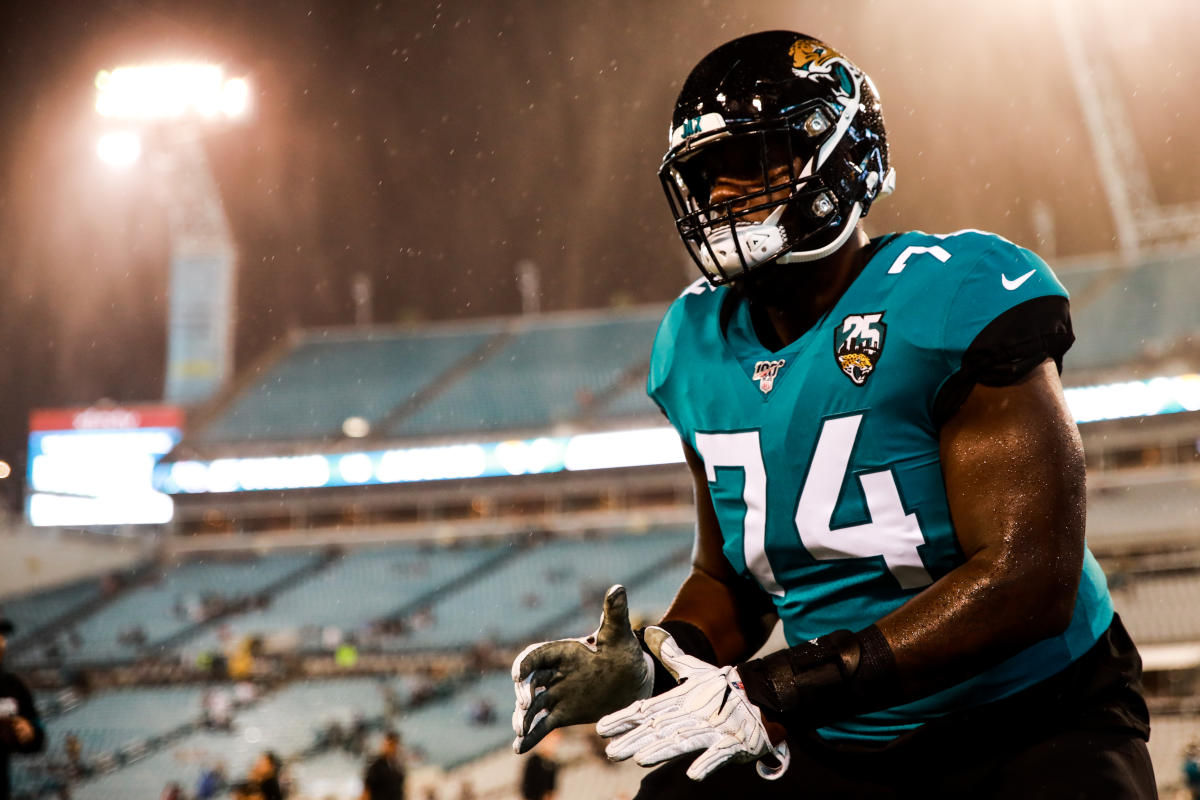 September 9, 2018 - East Rutherford, New Jersey, U.S. - Jacksonville  Jaguars offensive tackle Cam Robinson (74) leads the offensive team off the  field in the second half during a NFL game