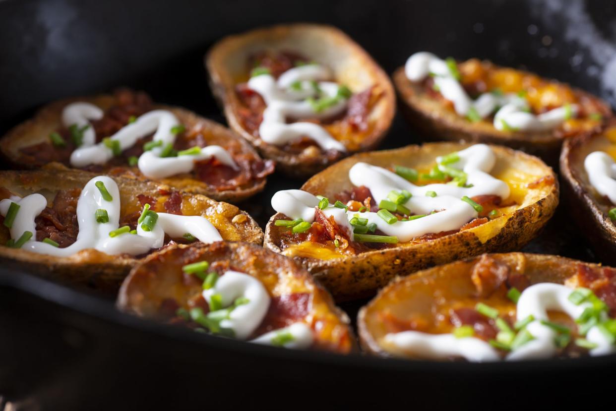 Loaded Potato Skins in a Cast Iron Skillet