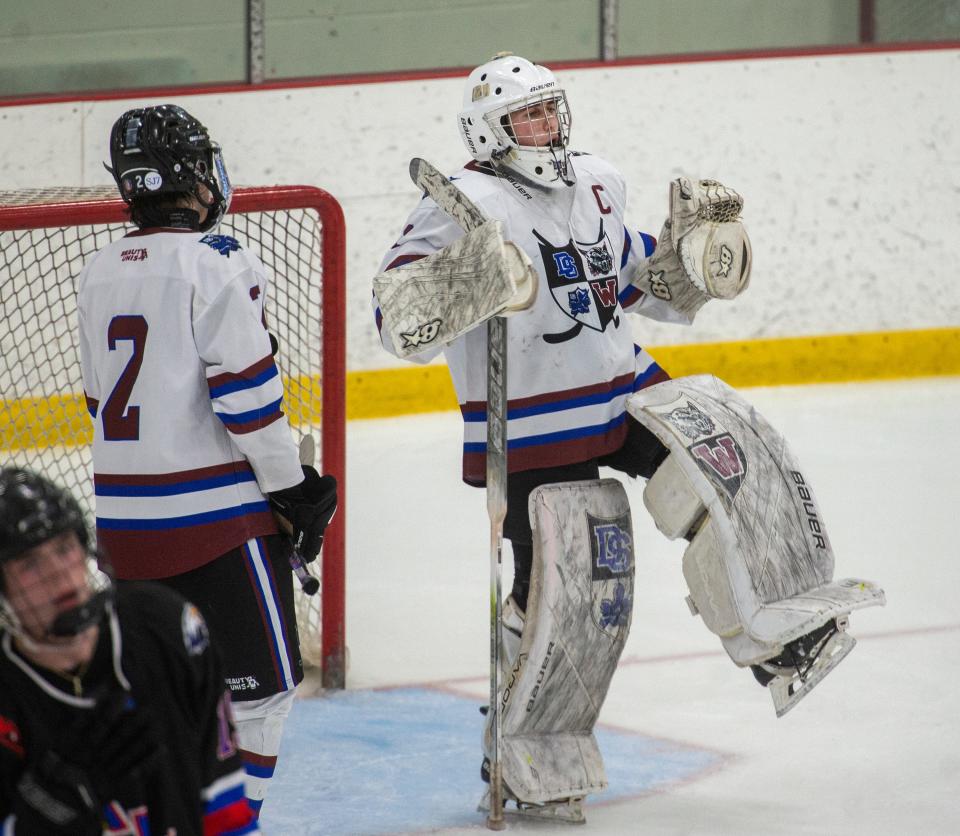 Dover-Sherborn Weston boys hockey goalie senior captain Andrew Goldstein after a 4-1 win over Hopedale at the MacDowell Arena at Rivers, Feb. 12, 2024.