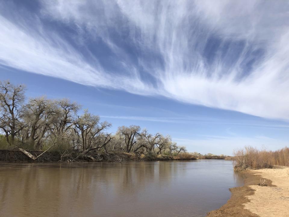 This April 13, 2021 image shows the Rio Grande flowing through Rio Rancho, New Mexico. The U.S. Bureau of Reclamation released its annual operating plan for the river Thursday, April 15, 2021, saying it's going to be a tough year due to below average snowpack and spring precipitation. (AP Photo/Susan Montoya Bryan)