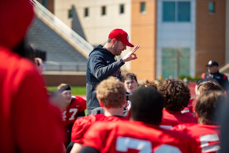 Ball State football head coach Mike Neu during the team's Spring Game at Scheumann Stadium on Saturday, April 8, 2023.