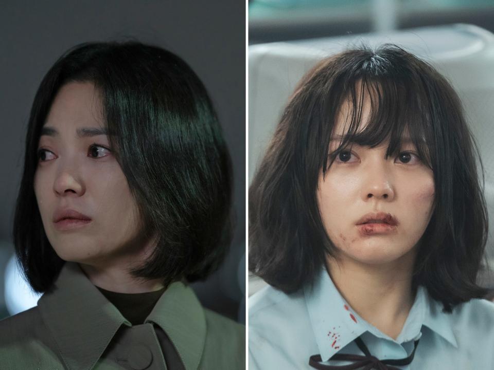 left: an older moon dong-eun in the glory, wearing a high collared green shirt and with a concerned expression on her face; right: a teenage moon dong-eun, with bruises and some blood on her face looking bereft