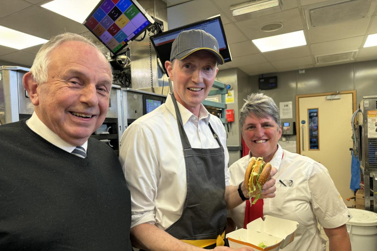David Davies MP with McDonald’s franchisee David Balcombe and supervisor Jayne Hutin at the Abergavenny restaurant. <i>(Image: Office of David Davies MP)</i>
