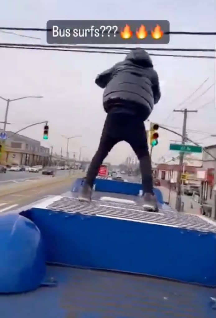 A February clip showed a hoodie-clad youth running and jumping on the roof of a moving bus in Queens. X @EJonatha4766004