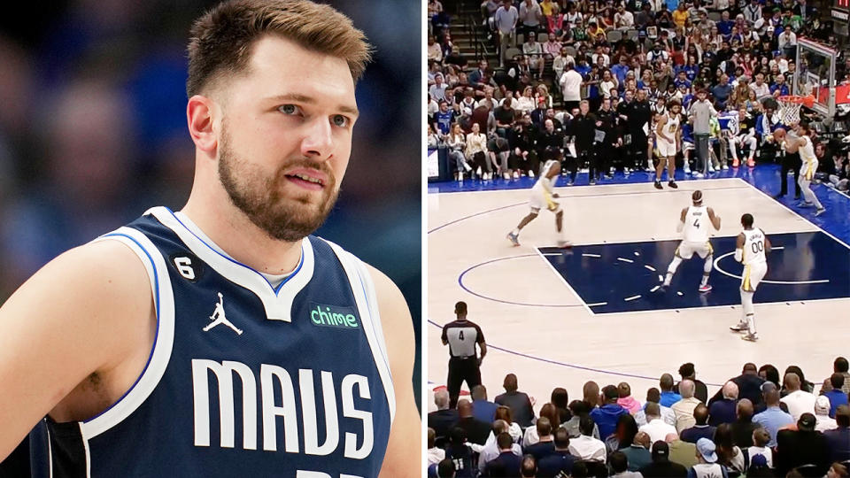 Dallas Mavericks player Luka Doncic is pictured left, with the moment the Mavericks forgot to guard Golden State shown on the right.