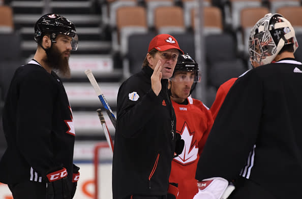 TORONTO, ON - SEPTEMBER 26: Head Coach Mike Babcock gives instructions to Carey Price #31 of Team Canada during the World Cup of Hockey 2016 practice sessions at Air Canada Centre on September 26, 2016 in Toronto, Ontario, Canada. (Photo by Minas Panagiotakis/World Cup of Hockey via Getty Images)