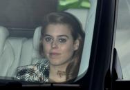 <p>The queen’s granddaughter Princess Beatrice arrived wearing a plaid coat. (Photo: Rex) </p>