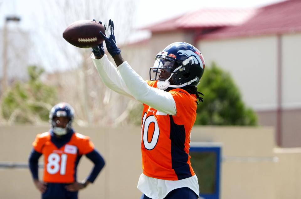 Broncos wide receiver Jerry Jeudy makes a catch during minicamp at UCHealth Training Center in Apr 25, 2022; Englewood, CO, USA; Denver