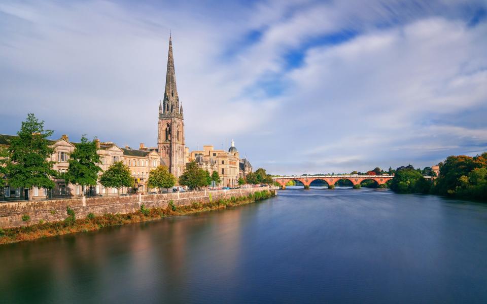 A view of St. Matthew's Church and the Old Bridge in Perth, Scotland