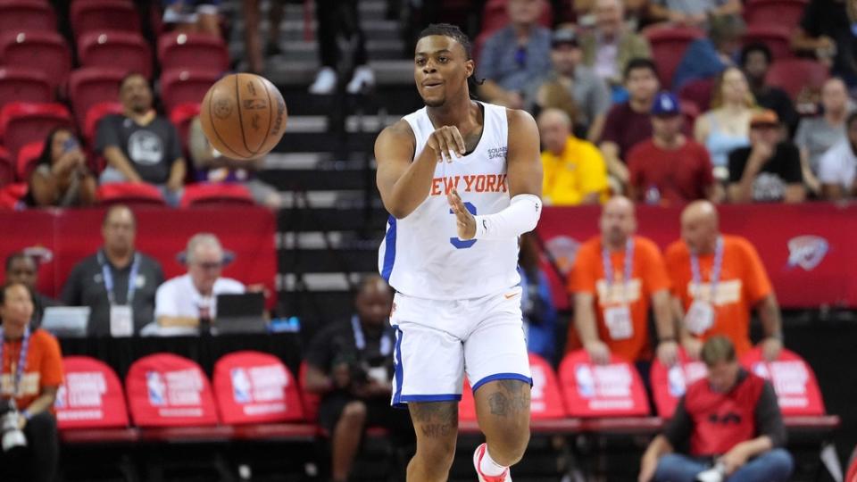 July 17, 2022;  Las Vegas, NV, USA;  New York Knicks guard Trevor Keels (3) passes the ball during the NBA Summer League Championship game against the Portland Trail Blazers at Thomas &;  Mac Center.