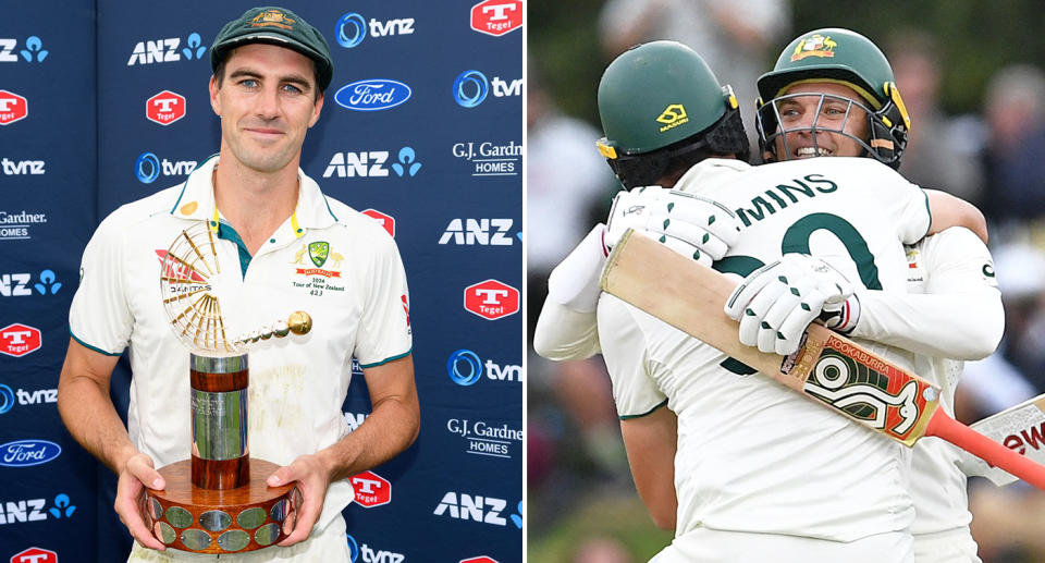 Seen here, Australia captain Pat Cummins poses with the Trans-Tasman trophy after his side's Test series win over NZ.