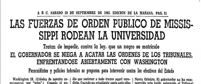 Noticia sobre los disturbios de la Universidad de Misisipi (imagen vía Hemeroteca ABC)