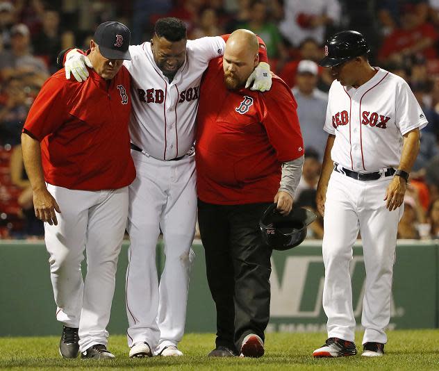 David Ortiz is helped off the field after fouling a ball off his shin. (AP)