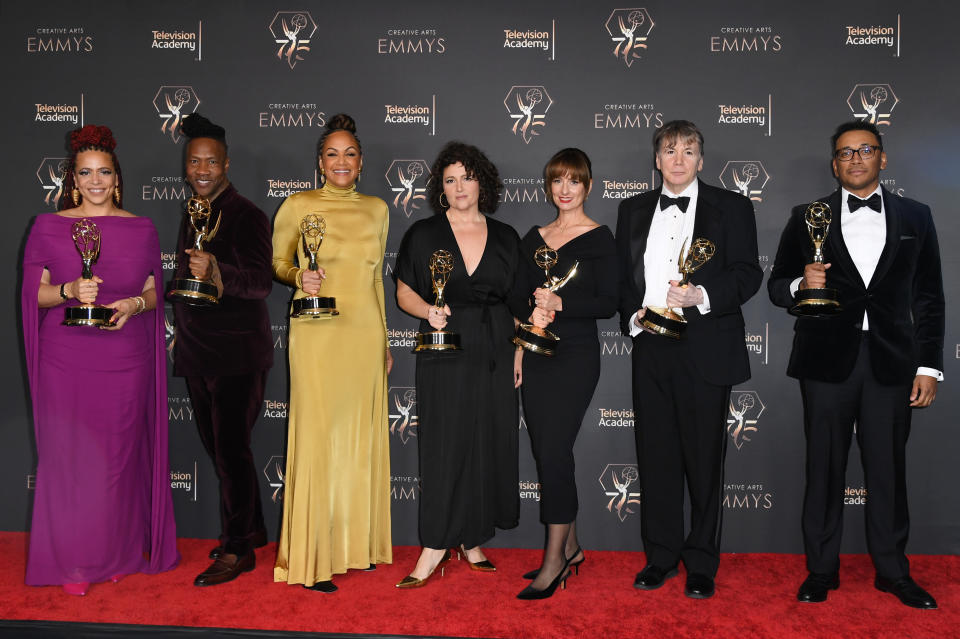 Nikole Hannah-Jones, Roger Ross Williams, Shoshana Guy, Caitlin Roper, Kathleen Lingo, Geoff Martz, and Jonathan Clasberry at the 75th Creative Arts Emmy Awards January 7, 2023 in Los Angeles, California.