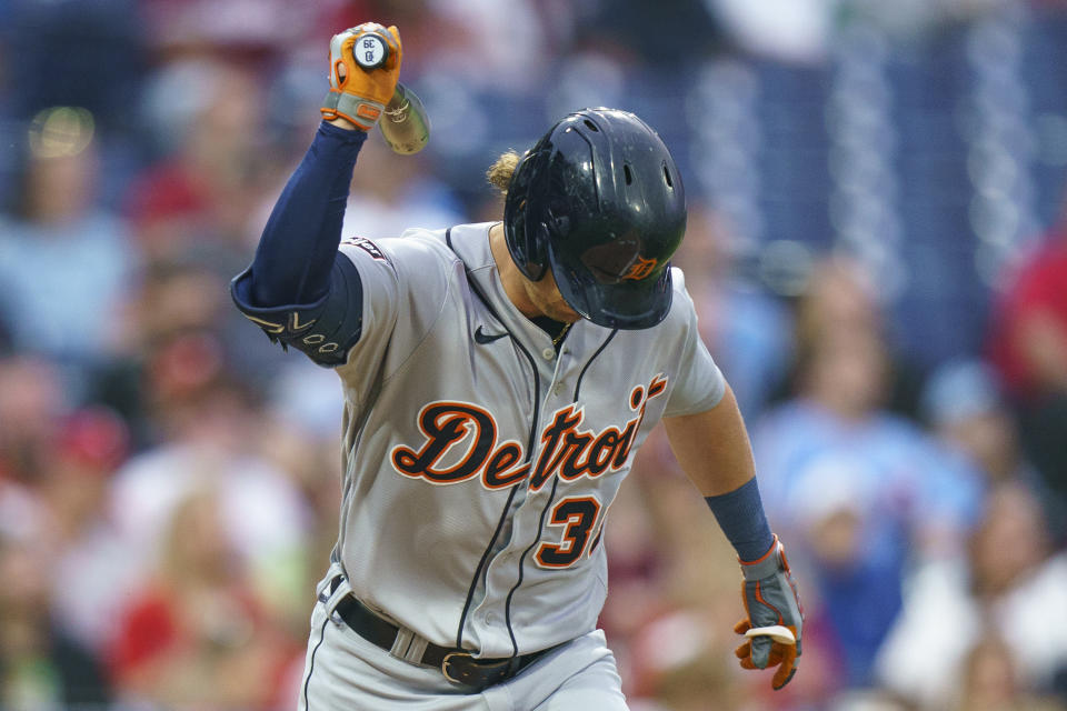 Detroit Tigers' Zach McKinstry reacts to flying out during the sixth inning of the team's baseball game against the Philadelphia Phillies, Thursday, June 8, 2023, in Philadelphia. (AP Photo/Chris Szagola)